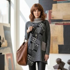 Trisha Tayler Mixed Media Houndstooth Knit Tunic Sweater SZ L